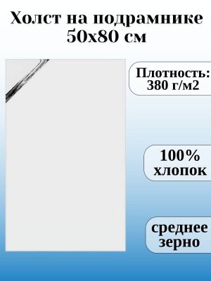 Холст SoulArt, 50х80, на подрамнике, белый, хлопок, плотность 380 г/м2, 1 шт